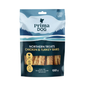 חטיף לכלב פרימה דוג רצועות בשר מיובש עוף והודו 80 גרם