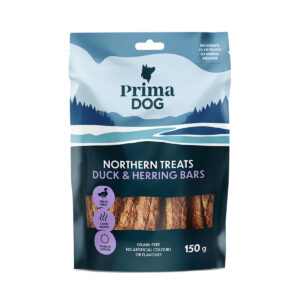 חטיף לכלב פרימה דוג רצועות בשר מיובש ברווז והרינג 80 גרם