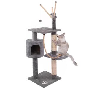 מתקן גירוד לחתול RN0120 - בית, משטחי רביצה וכדורים תלויים - 129 סמ